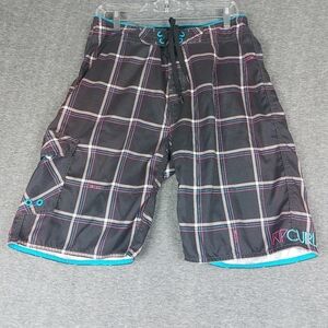 RIP CURL MENS BLACK BLUE PINK PLAID CHECK BOARD SHORTS SWIM TRUNKS SIZE 34